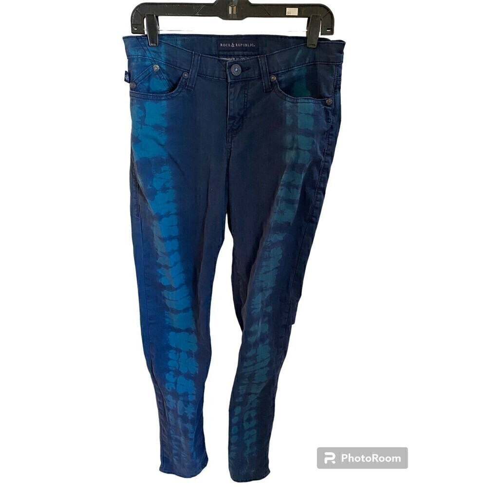 Rock and Republic Womens Berlin Mid Rise Skinny Jeans Blue Tie Dye Size 8